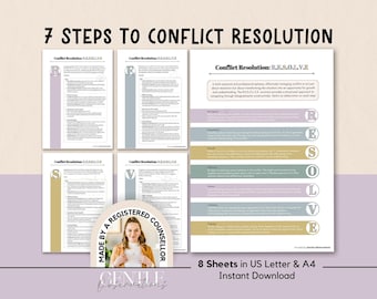 May include: A digital document titled 7 Steps to Conflict Resolution featuring the R.E.S.O.L.V.E. acronym. The layout includes five pages with detailed text, colour-coded horizontal bars, and a circular badge stating Made by a Registered Counsellor.