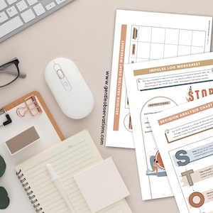 May include: A set of printable worksheets with a beige and brown color scheme. The worksheets are titled "Impulse Log Worksheet" and "Decision Analysis Chart Worksheet". The worksheets feature illustrations of people and a stop sign.