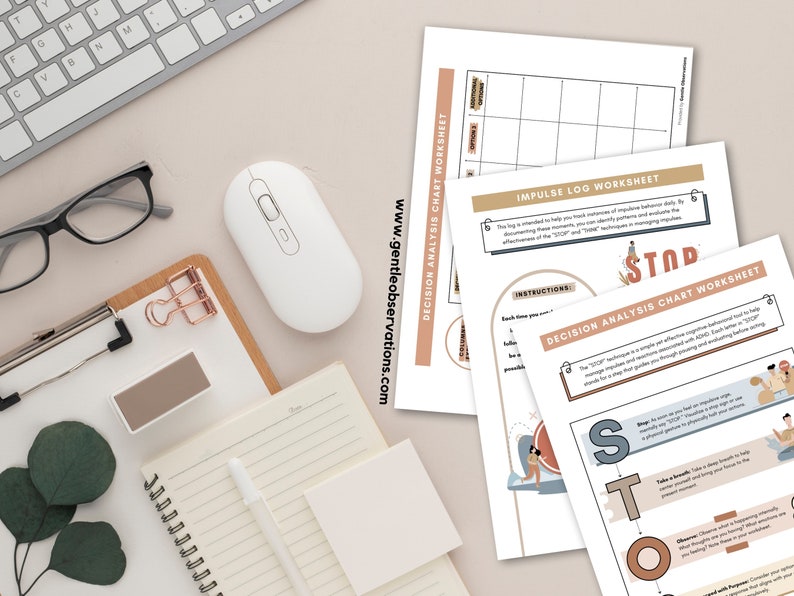 May include: A set of printable worksheets with a beige and brown color scheme. The worksheets are titled "Impulse Log Worksheet" and "Decision Analysis Chart Worksheet". The worksheets feature illustrations of people and a stop sign.
