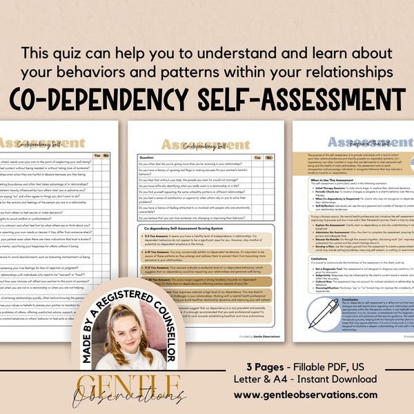 Codependent Relationships Self-Assessment for Identifying Codependent Behaviors and Traits, Codependency Therapy Worksheets, Self-Awareness