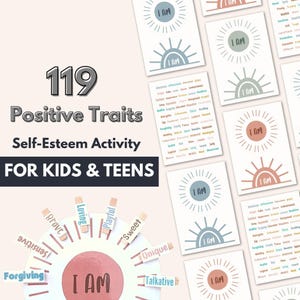 May include: A self-esteem activity set for kids and teens featuring 119 positive traits. The image displays multiple cards with sun illustrations and the text I AM, alongside a circular chart with clothespins labelled with words like Brave, Loving, Playful, Sweet, Unique, Talkative, Sensitive, and Forgiving.