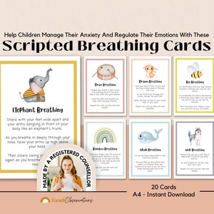 Tarjetas de respiración consciente con guion para niños, herramienta para aliviar la ansiedad, rincones tranquilos, habilidades de afrontamiento, ayuda psicológica, herramienta SEL para consejeros escolares