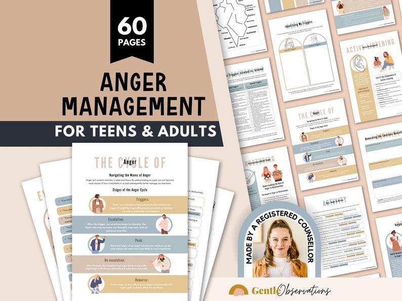 May include: A digital download of 60 pages of printable worksheets for teens and adults on anger management. The worksheets feature illustrations and text, including "The Cycle of Anger" and "Navigating the Waves of Anger".