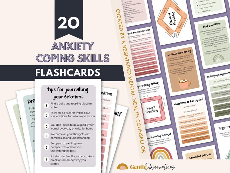 Anxiety, Depression, PTSD/Trauma and Kids Coping Skills Cards Bundle, DBT Skills, CBT Techniques, Breathing Scripts, Cognitive Distortions image 2