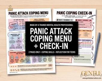 Teen Panic Coping Menu and Check-In, 2-Page Printable Therapy PDF, Body-Based, Cognitive, Mindful, Practical Coping Skills For Panic Attacks
