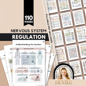 Puede incluir: Colección de materiales educativos sobre la regulación del sistema nervioso. La imagen presenta una pila de páginas impresas con diagramas y texto, incluyendo "Regulación del sistema nervioso" y "Comprendiendo el sistema". También se incluye un PDF digital con 110 páginas.