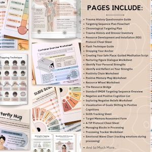 May include: A collection of colorful worksheets and guides for mental health support. The pages include diagrams, charts, and text, with titles such as "SUDS Scale," "Butterfly Hug," and "Container Exercise Worksheet." The text "PAGES INCLUDE" is also visible.