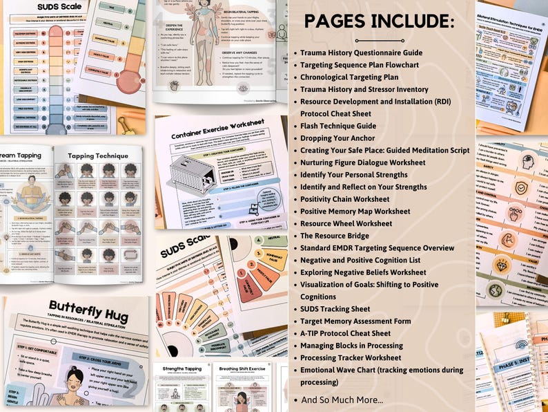 May include: A collection of colorful worksheets and guides for mental health support. The pages include diagrams, charts, and text, with titles such as "SUDS Scale," "Butterfly Hug," and "Container Exercise Worksheet." The text "PAGES INCLUDE" is also visible.