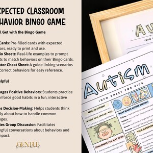 May include: A printable classroom bingo game designed to help students practice positive behaviors. The game includes bingo cards, scenario sheets, and a facilitator cheat sheet. The image also shows a colorful info sheet about autism for kids.
