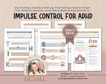 Arbeitsblätter zur Impulsekontrolle für ADHS-Teenager & Erwachsene: Arbeitsblätter zur Exekutivfunktion, ADHS-Therapy-Arbeitsblätter, Emotionsregulierungs-Arbeitsblätter