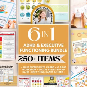 May include: A 6-in-1 ADHD and executive functioning bundle containing over 250 items, including superpower cards, a 60-page workbook, a social skills board game, and breathing cards. The set features colourful educational worksheets and activity sheets.