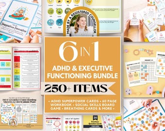 ADHD Executive Functioning Worksheet Bundle for Kids, ADHD Planner, ADHD Counseling, Emotional Regulation Coping Skill Cards, Social Skills