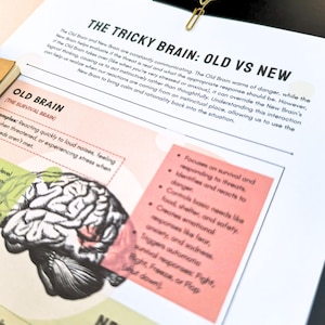 The image is a printed page with text and an illustration of a brain. The text is titled "THE TRICKY BRAIN" and provides information about the differences between the "OLD BRAIN" and the "NEW BRAIN". The illustration depicts a brain with a green and red background, and the text explains that the "OLD BRAIN" is more focused on survival and basic needs, while the "NEW BRAIN" is more focused on advanced thinking and emotions.