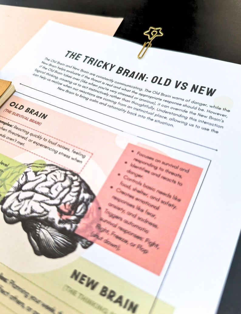 The image is a printed page with text and an illustration of a brain. The text is titled "THE TRICKY BRAIN" and provides information about the differences between the "OLD BRAIN" and the "NEW BRAIN". The illustration depicts a brain with a green and red background, and the text explains that the "OLD BRAIN" is more focused on survival and basic needs, while the "NEW BRAIN" is more focused on advanced thinking and emotions.