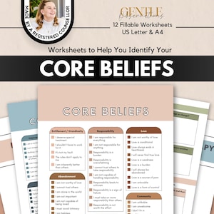 Common Core Beliefs Worksheets for Therapists, Cognitive Behavioral Therapy CBT Tool Maladaptive Beliefs and Automatic Thoughts Cheat Sheets