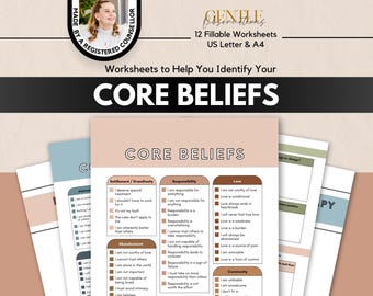 Common Core Beliefs Worksheets for Therapists, Cognitive Behavioral Therapy CBT Tool Maladaptive Beliefs and Automatic Thoughts Cheat Sheets