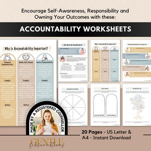 May include: A set of accountability worksheets featuring text, charts, and diagrams on multiple pages. The documents include titles like Why is Accountability Important and Taking Accountability in Everyday Life, with a circular badge stating Made by a Registered Counsellor.
