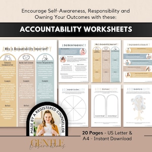 May include: A set of accountability worksheets featuring text headers like Why is Accountability Important and Accountability Worksheets. The pages include columns with tan, pink, and blue backgrounds, circular icons, and a badge stating Made by a Registered Counsellor.