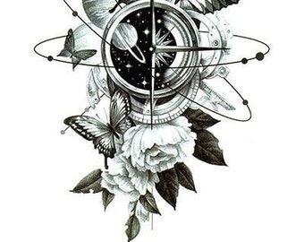 Sun And Moon Compass with Butterflies and Roses Best Temporary Tattoos