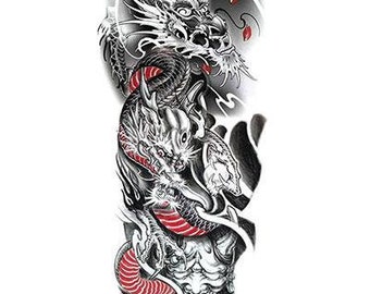 Black and White with Red Accent Dragon kabuki Demon Cherry Blossom Temporary Sleeve Tattoos