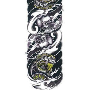 May include: Black and white temporary tattoo with a design of three skulls and waves. The skulls have yellow accents and are surrounded by swirling waves. The tattoo is designed for the arm.