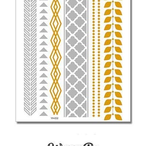 Interwoven Diamonds and Leaves In Silver And Gold Metallic Temporary Tattoos