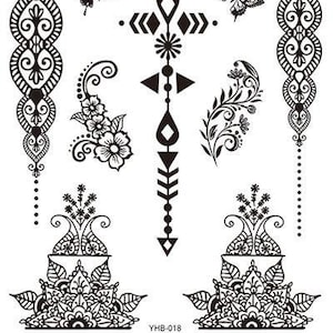 Butterfly Floral and Geometric Pattern Henna Style Black Temporary Tattoo Sheet