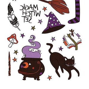 May include: A set of temporary tattoos featuring a variety of witchy and magical imagery, including a cauldron, a broom, a witch's hat, a black cat, a feather, a potion bottle, a skull and crossbones, a star, a mushroom, a book, a Ouija board, and the text "Magic Witch Set".