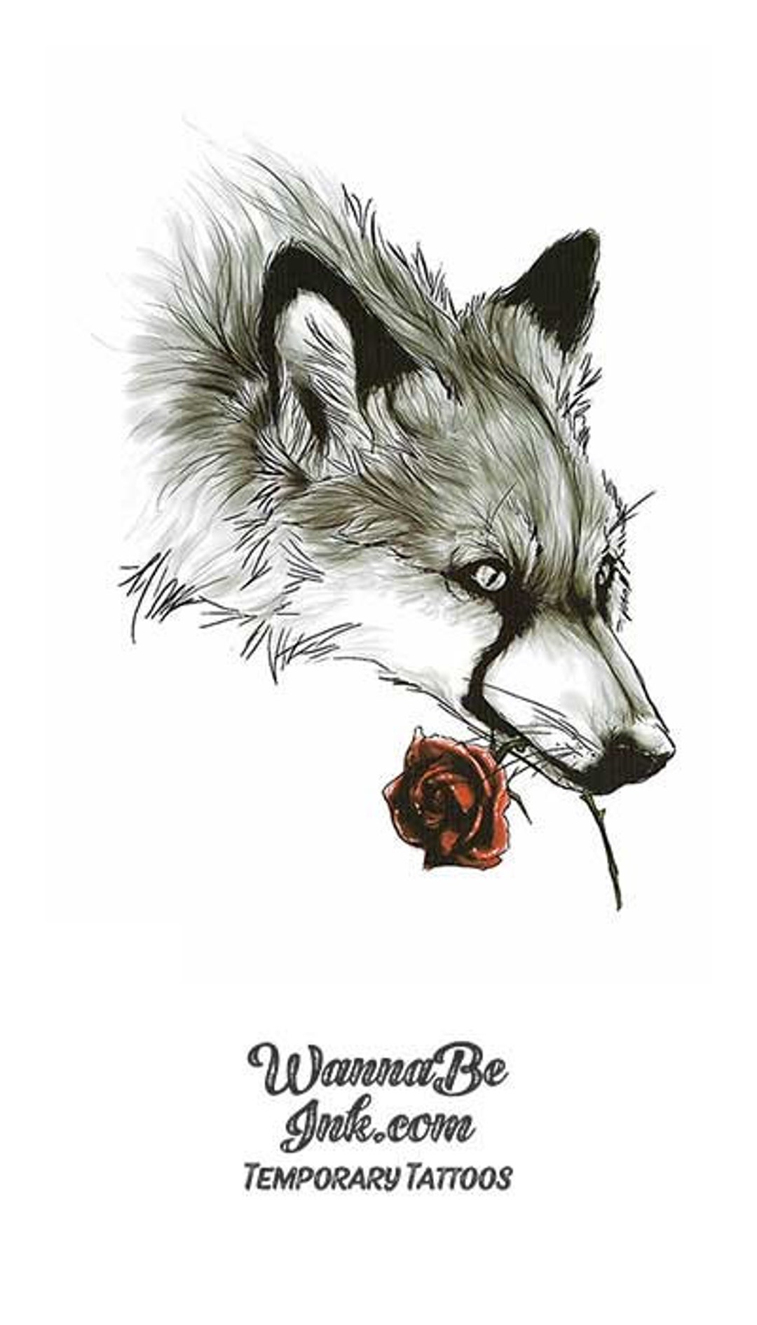 Wolf With Red Rose in Mouth Best Temporary Tattoos - Etsy