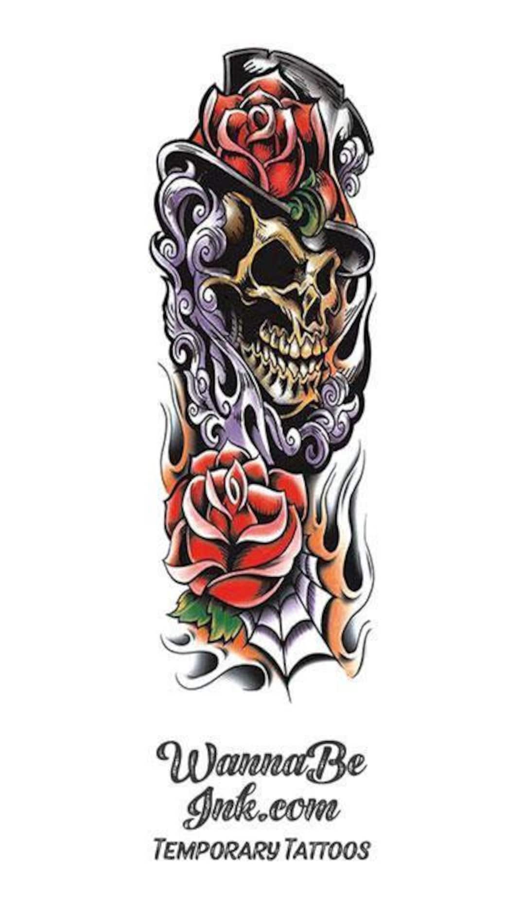 Voodoo-schedel met rozen, spinnenweb en vuur tijdelijke mouwtatoeages -  Etsy België, image size:1080x1890