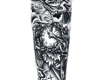 Firefighter Skull Clock Temporary Sleeve Tattoos - Etsy Polska Firefighter Skull Clock Temporary Sleeve Tattoos - Etsy Polska