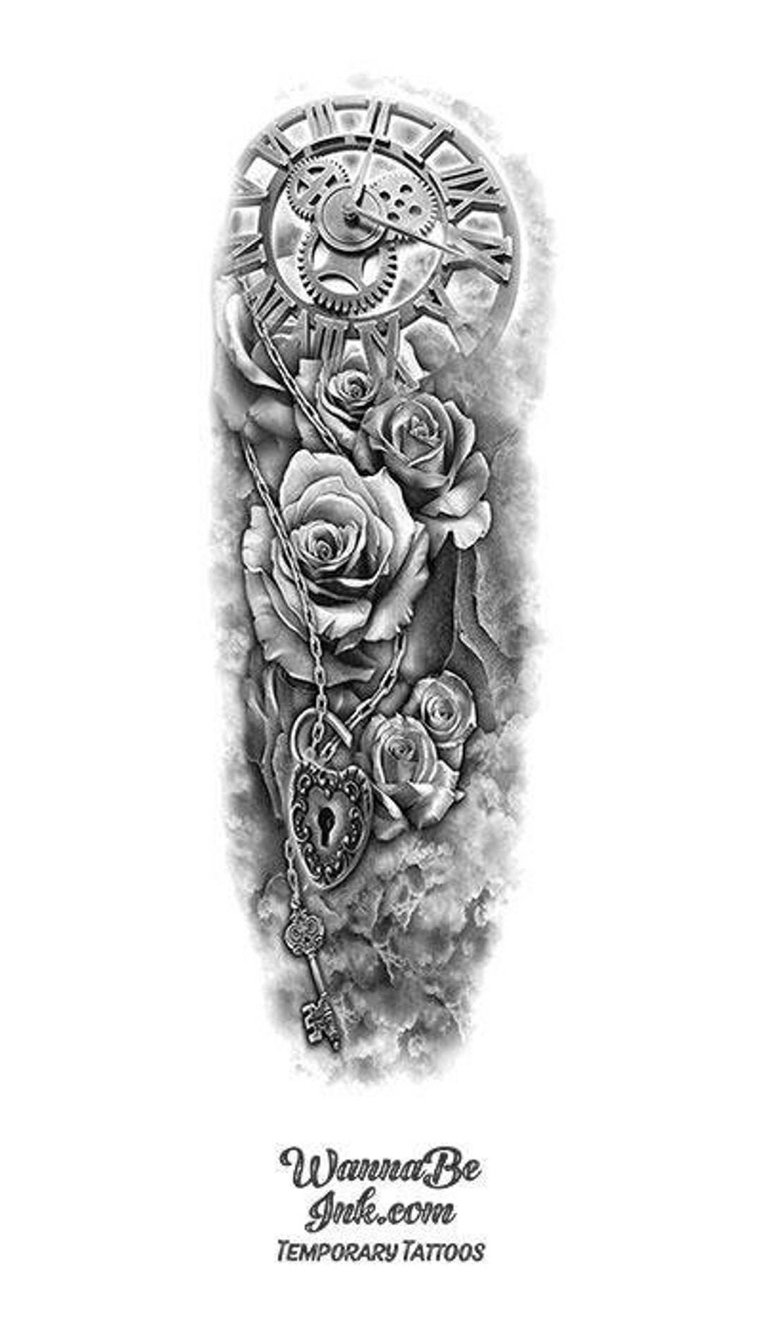 Clock Roses Lock and Skeleton Key Temporary Sleeve Tattoos - Etsy