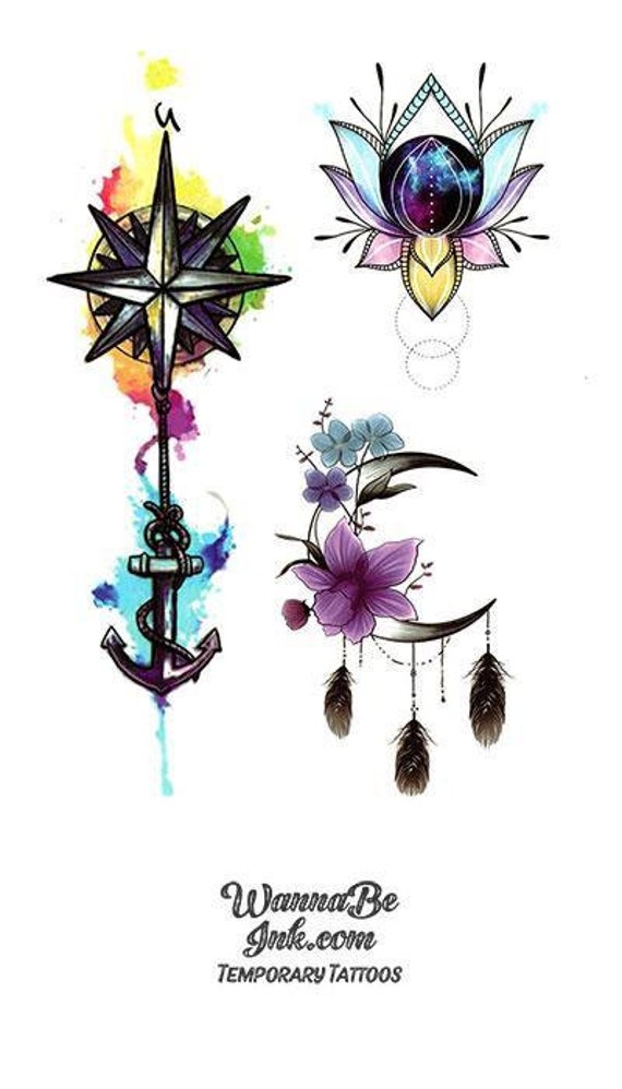 Compass Anchor Crescent Moon and Flower Best Temporary Tattoos - Etsy Compass Anchor Crescent Moon and Flower Best Temporary Tattoos - Etsy