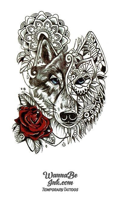 Jeweled Wolf and Red Rose Best Temporary Tattoos - Etsy