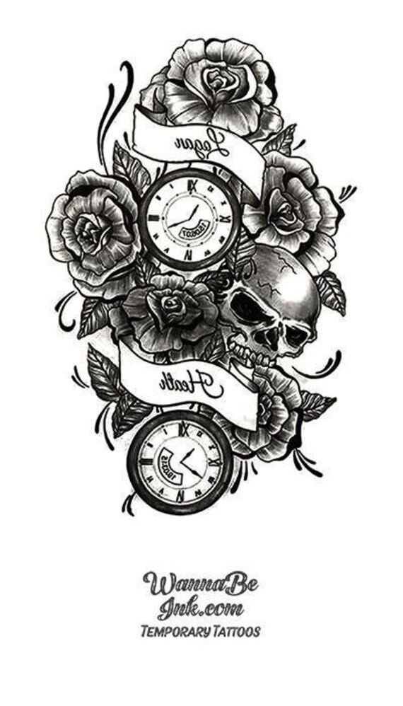 Relojes de rosas y calavera con la bandera mejores tatuajes - Etsy México