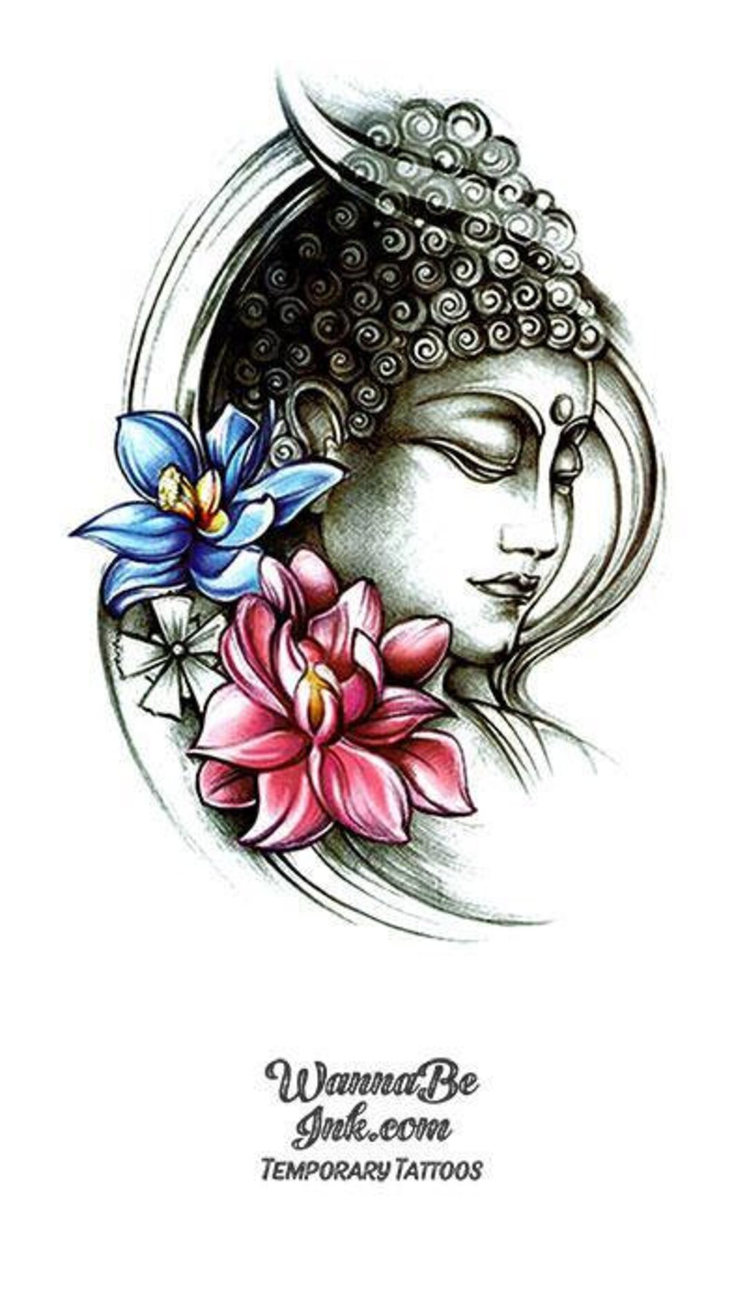 Tatouage Bouddha Fleur De Cerisier Profil du visage de Bouddha et fleurs de lotus bleues et roses - Etsy France