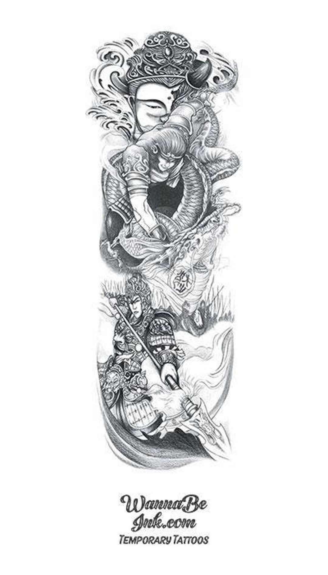 Asian Warriors With Dragon and Buddha Temporary Sleeve Tattoos - Etsy