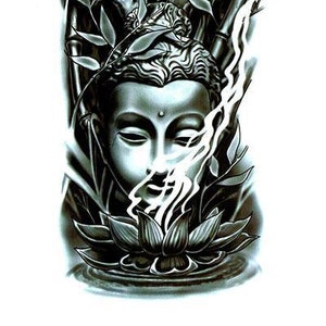 May include: Black and white temporary tattoo design featuring a Buddha with a lotus flower and a skull behind the Buddha. The tattoo design is surrounded by leaves and vines.