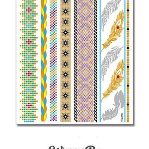 Colorful Diamond Designs and Feather Patterns Metallic Temporary Tattoos