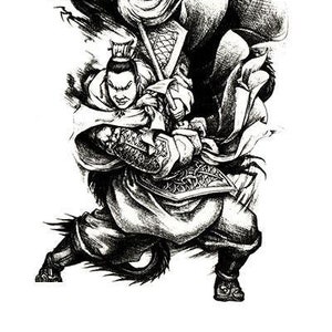 Puede incluir: Ilustración en blanco y negro de un guerrero sosteniendo una lanza y un escudo. El guerrero lleva un casco y una armadura. La ilustración está en una pose dinámica, con el guerrero cargando hacia adelante.