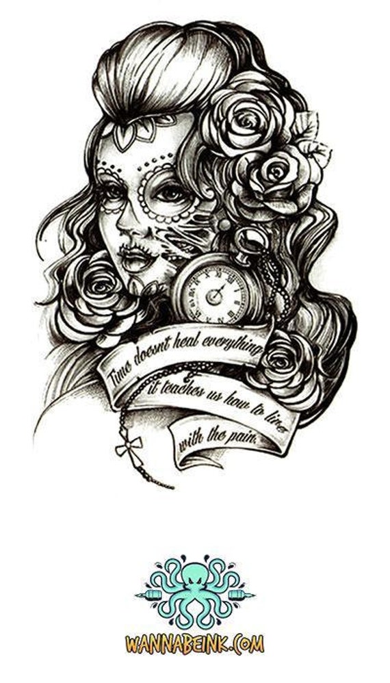 Sugar Skull Faced Woman With Pocket Watch and Flowers Best
