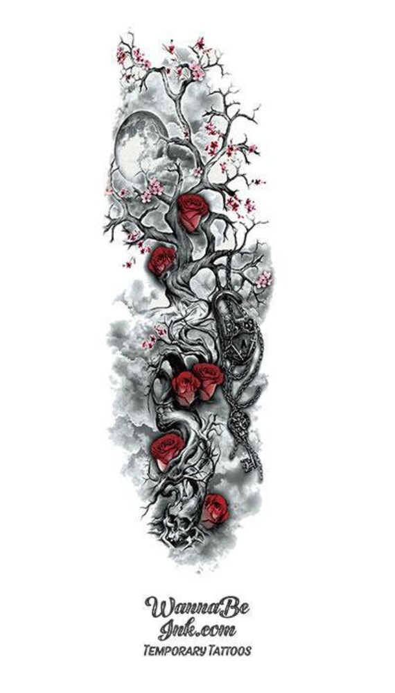 Cherry Blossom Rose Skull Chains Temporary Sleeve Tattoos | Etsy