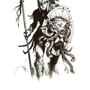 Puede incluir: Ilustración en blanco y negro de una guerrera con casco que sostiene una lanza y un escudo con una criatura serpentina.