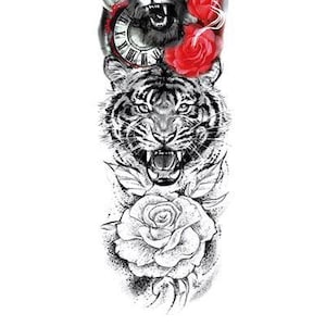 Lion with Crown Roses Tiger Clock Temporary Sleeve Tattoos