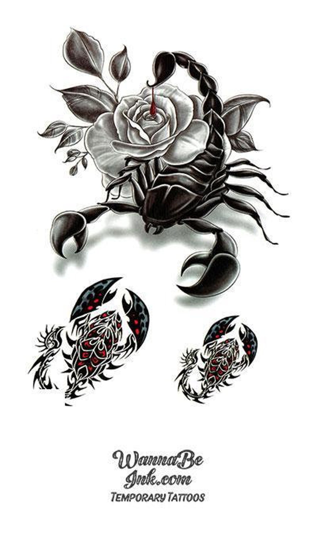 Grey Rose And 3D Scorpion Tattoo On Upper Back