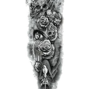 May include: Black and white temporary tattoo design featuring a skull with a clock face, roses, an eye, a cross, and the text "Only Time Will Tell" and "Walter".