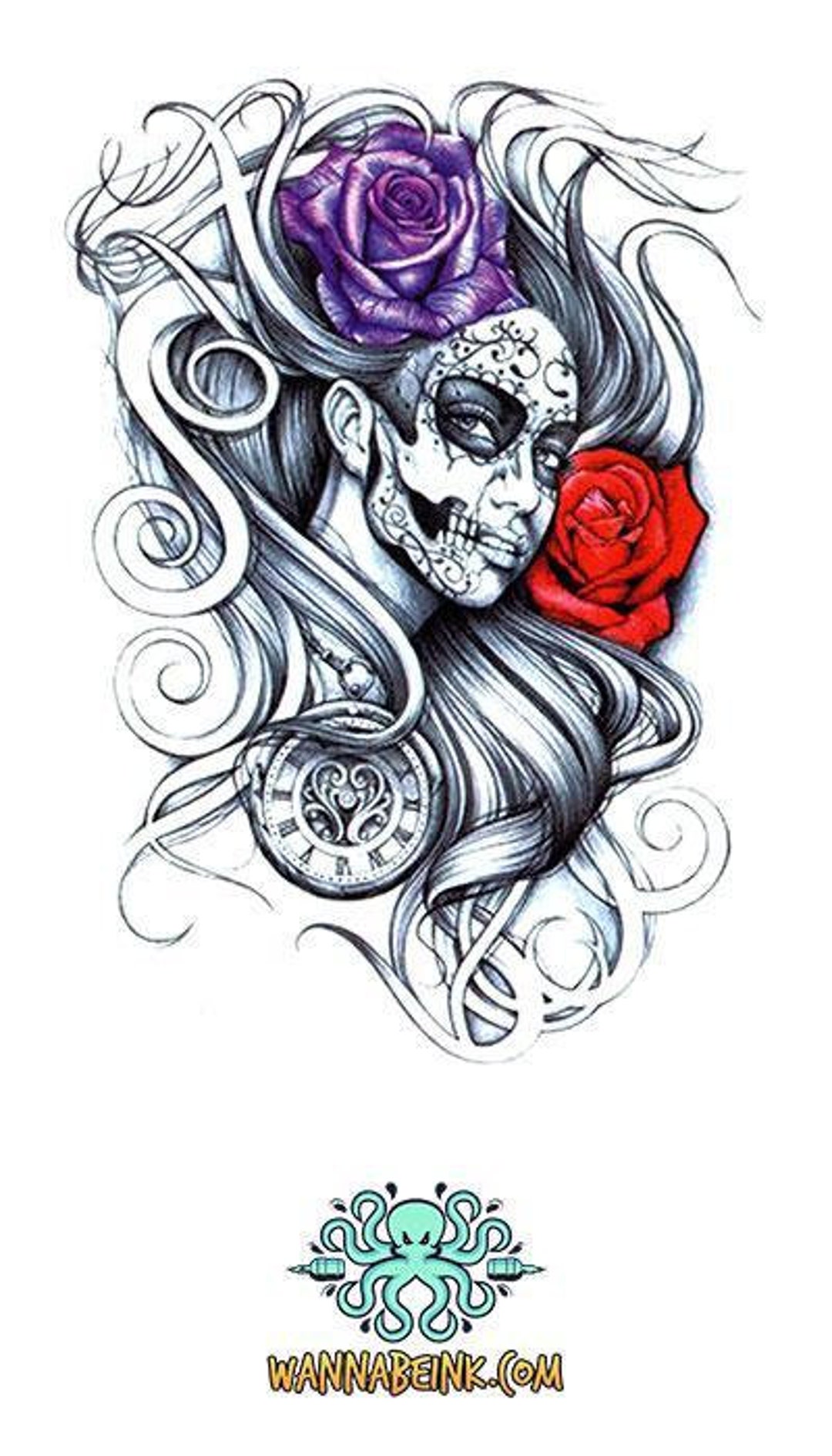Sugar Skull and Roses Tattoo Design