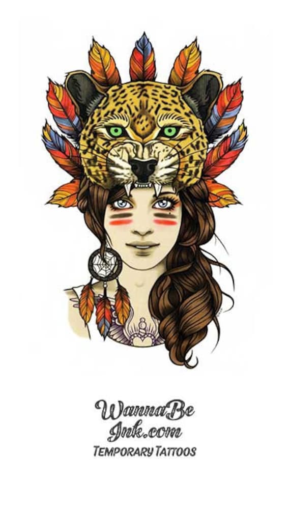 Woman in Jaguar Face Headdress and Feathers Best Temporary - Etsy