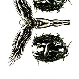 Puede incluir: Hoja de tatuajes temporales en blanco y negro con un ángel con alas extendidas y dos figuras con alas oscuras y puntiagudas. El texto "Wanna Be Ink.com TEMPORARY TATTOOS" está en la parte inferior.