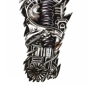 May include: Black and white temporary tattoo design featuring a detailed mechanical arm with gears, pistons, and other industrial elements. Wannabe Ink.com Temporary Tattoos.